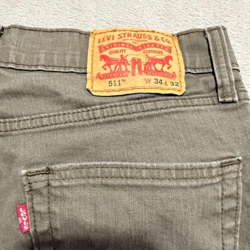 Levi 511 Jeans Mens 34x32 (Fit 33x30) Olive Green Brown Slim Preppy Stretch EUC
